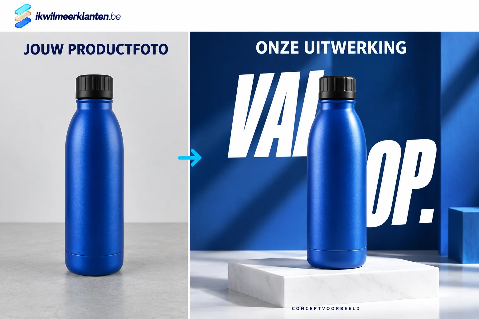 Blauwe productfles als gewone foto en uitgewerkt campagnebeeld; conceptvergelijking